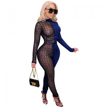 Adogirl Sheer Mesh Patchwork Women Sexy Lace Up Jumpsuit Turtleneck Long Sleeve One Piece Overall Night Club Party Romper